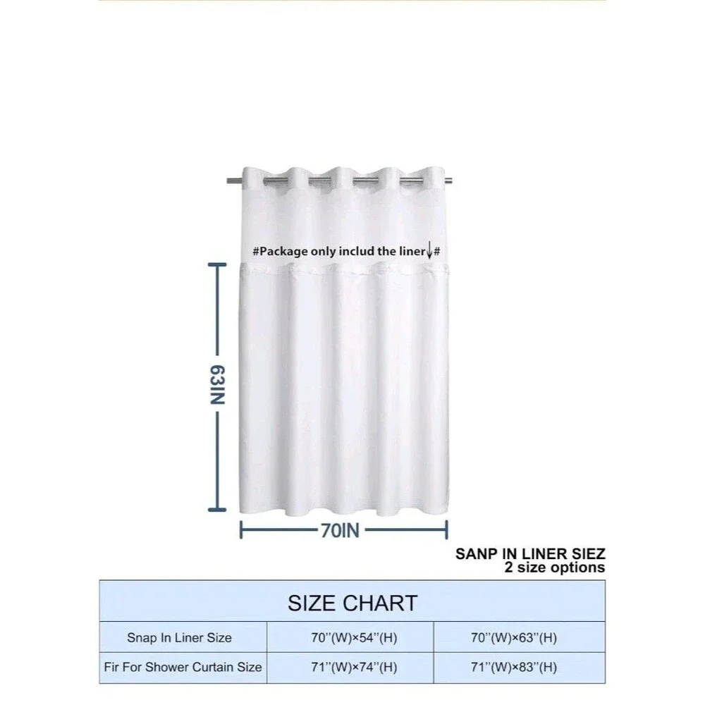 No Hook 70W x 63H Detach Button Liner Snap in Fabric Shower Curtain Replacement